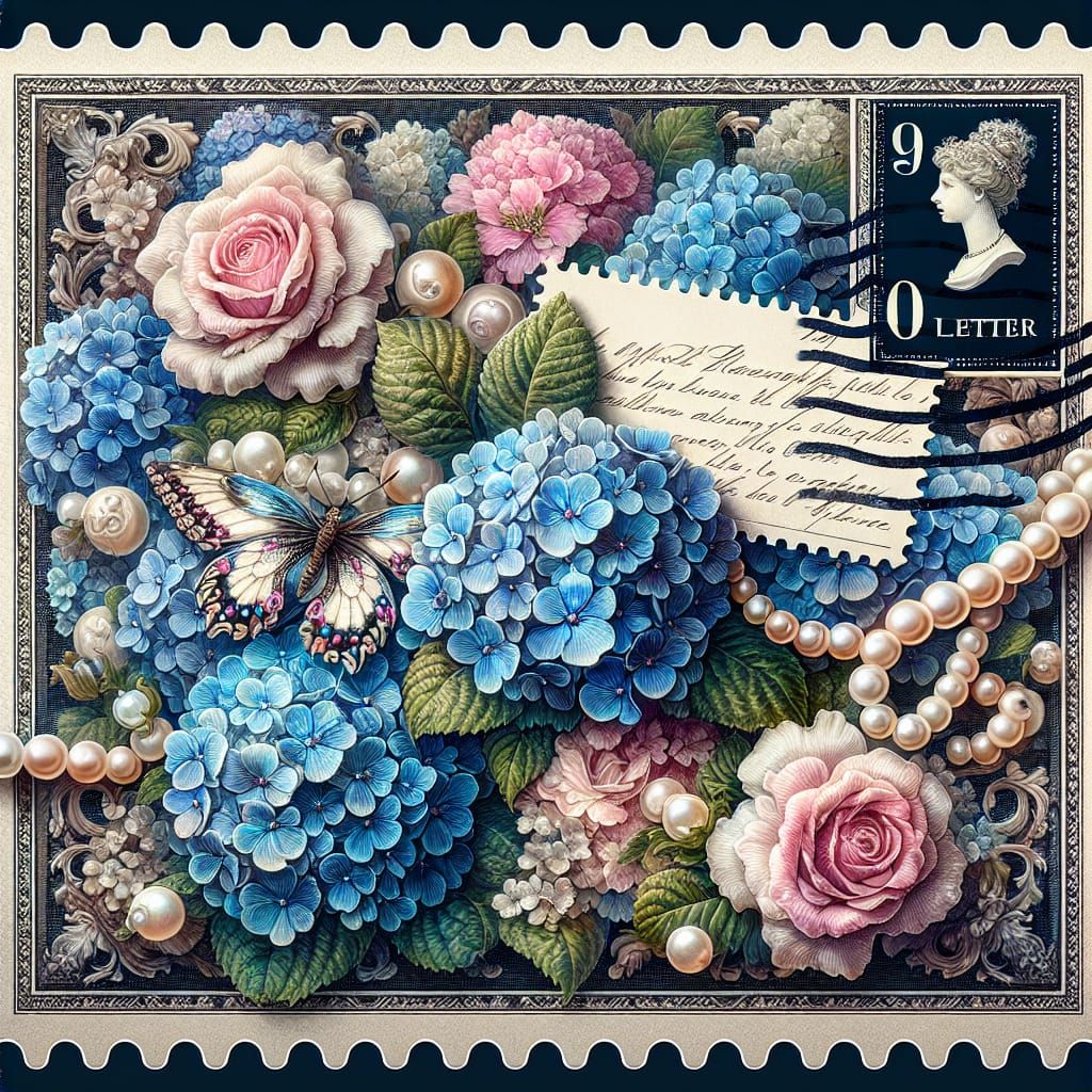 Vintage Victorian Postage Stamp with Hydrangeas and Roses