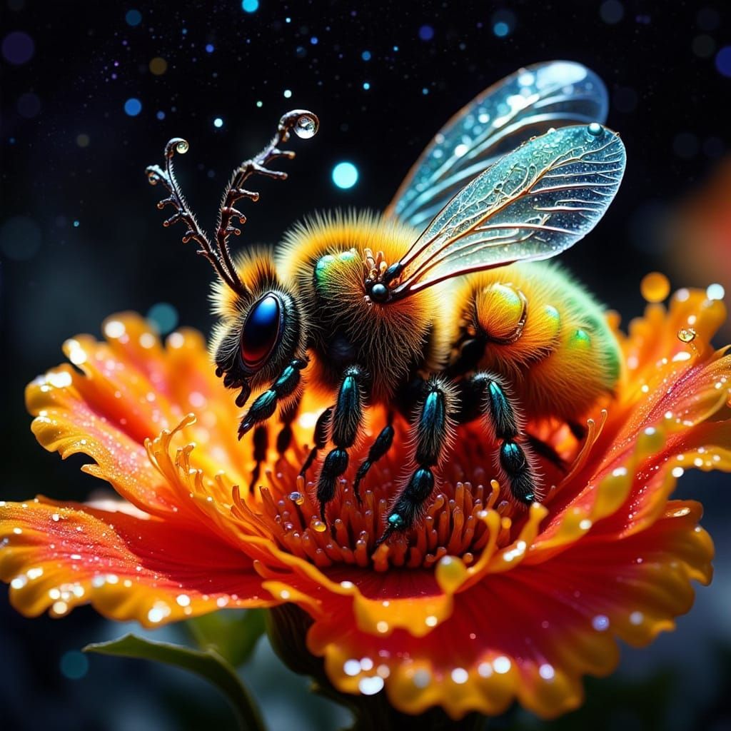 Cartoon Bee Sleeping in Starry Galaxy: Alcohol Inks