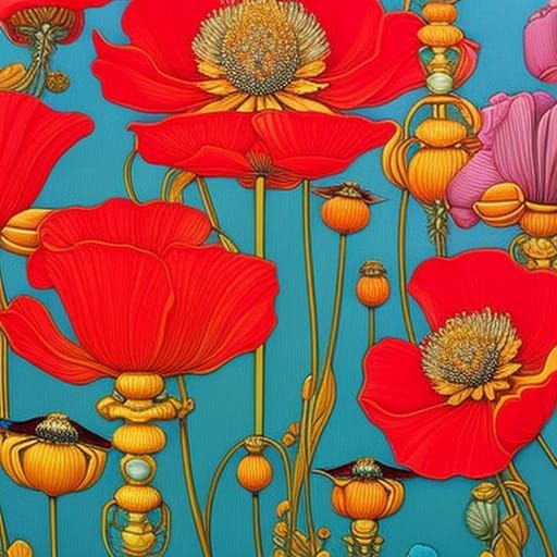 Bees on Poppy in Art Nouveau Style