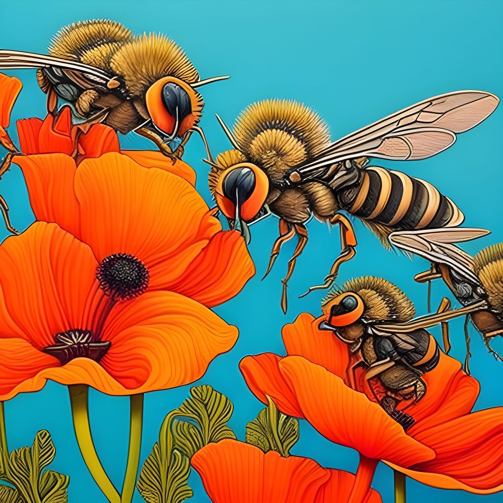 Anthropomorphic Bees on Poppy Flowers in Art Nouveau Style