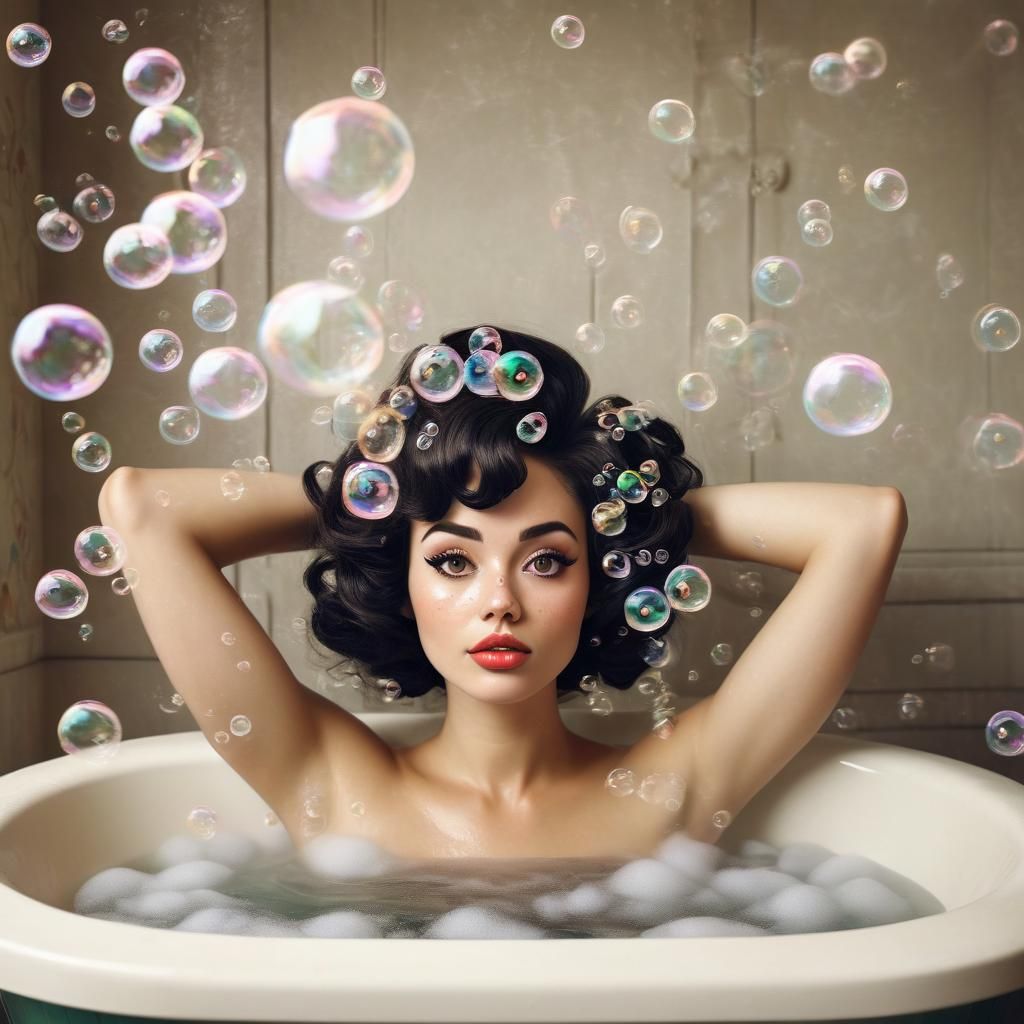 Cute Girl's Retro Bubble Bath Portrait