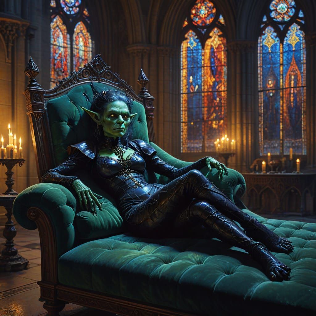 Surreal Gothic Female Goblin in Luxurious Cathedral Setting