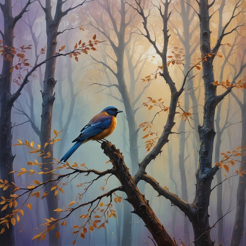 Expressionist Autumn Landscape with Bird in Mist