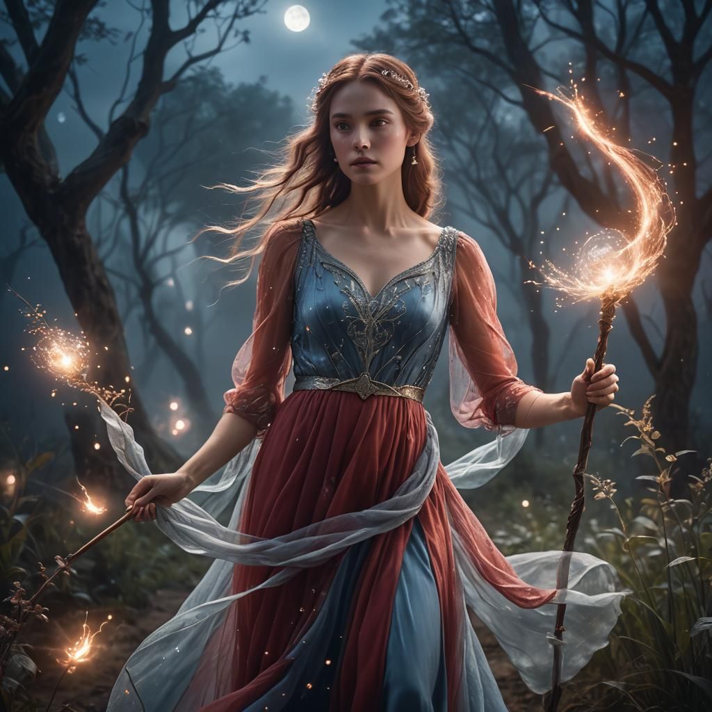 Mystical Forest Portrait of Girl with Glowing Staff