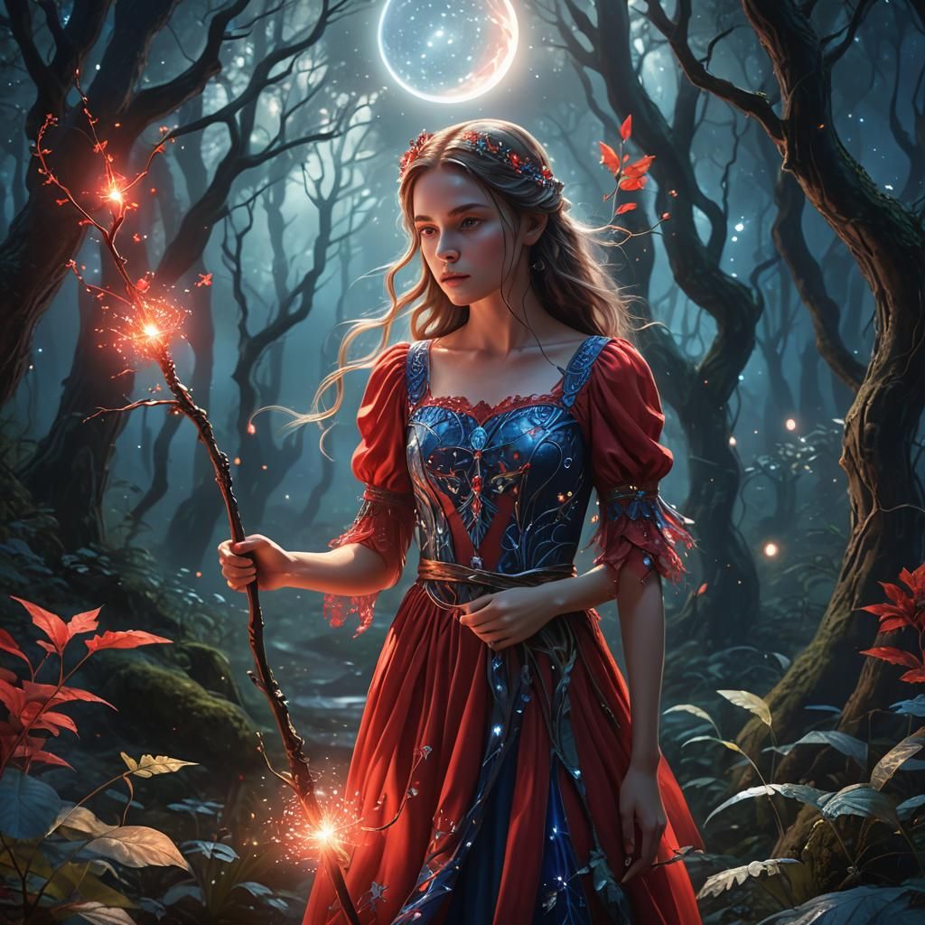 Girl with Glowing Staff in Mystical Forest