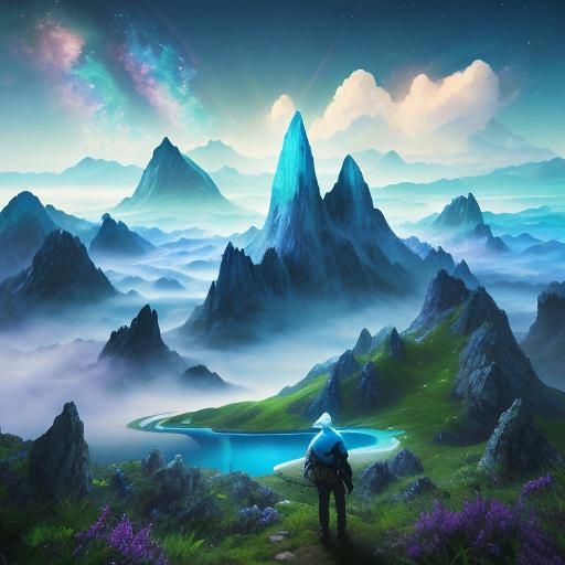 Lone Trekker at Cosmic Mountain Lake