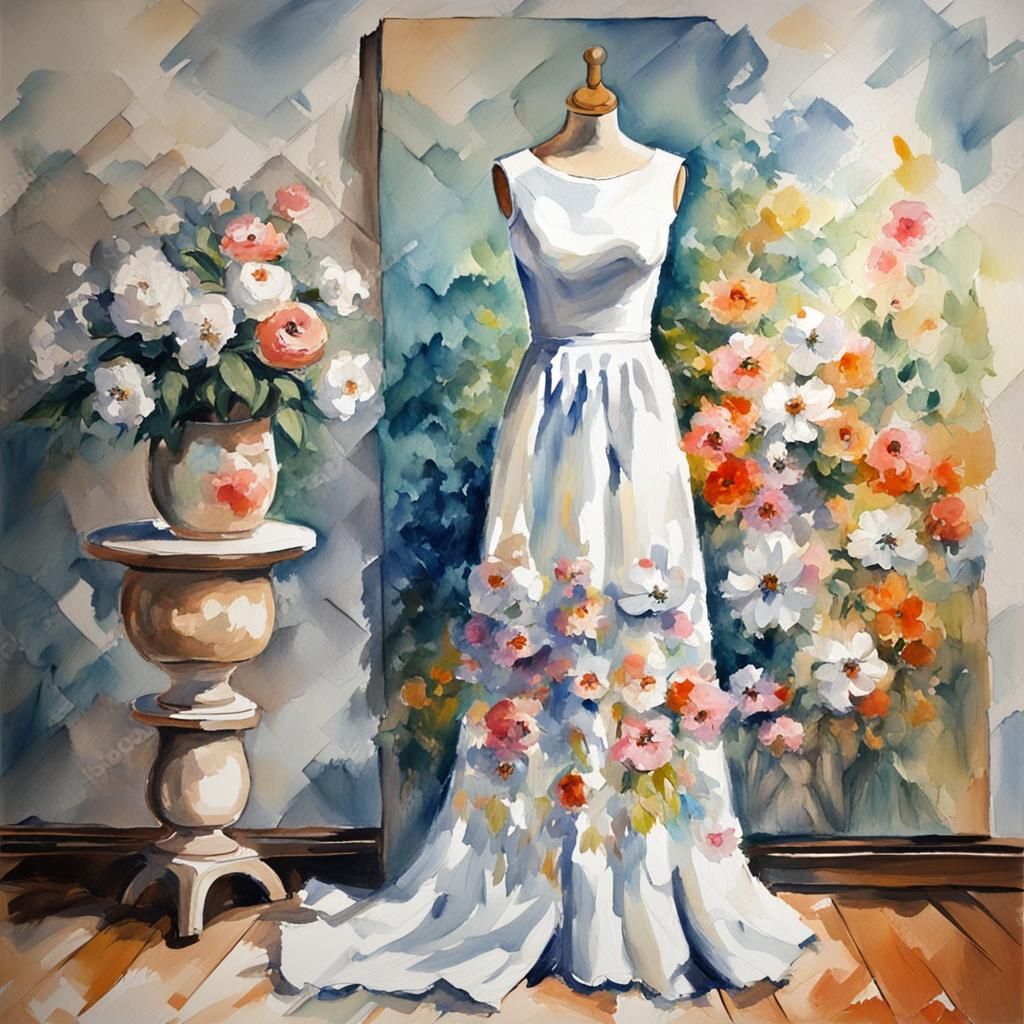 White Dress on Mannequin as Gouache Watercolor