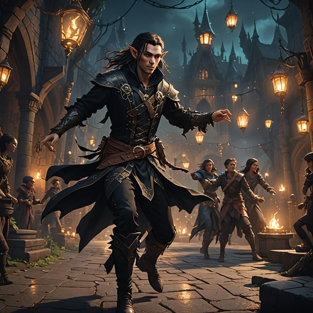 Half-Elf Bard Dancing at Night: Fantasy Concept Art