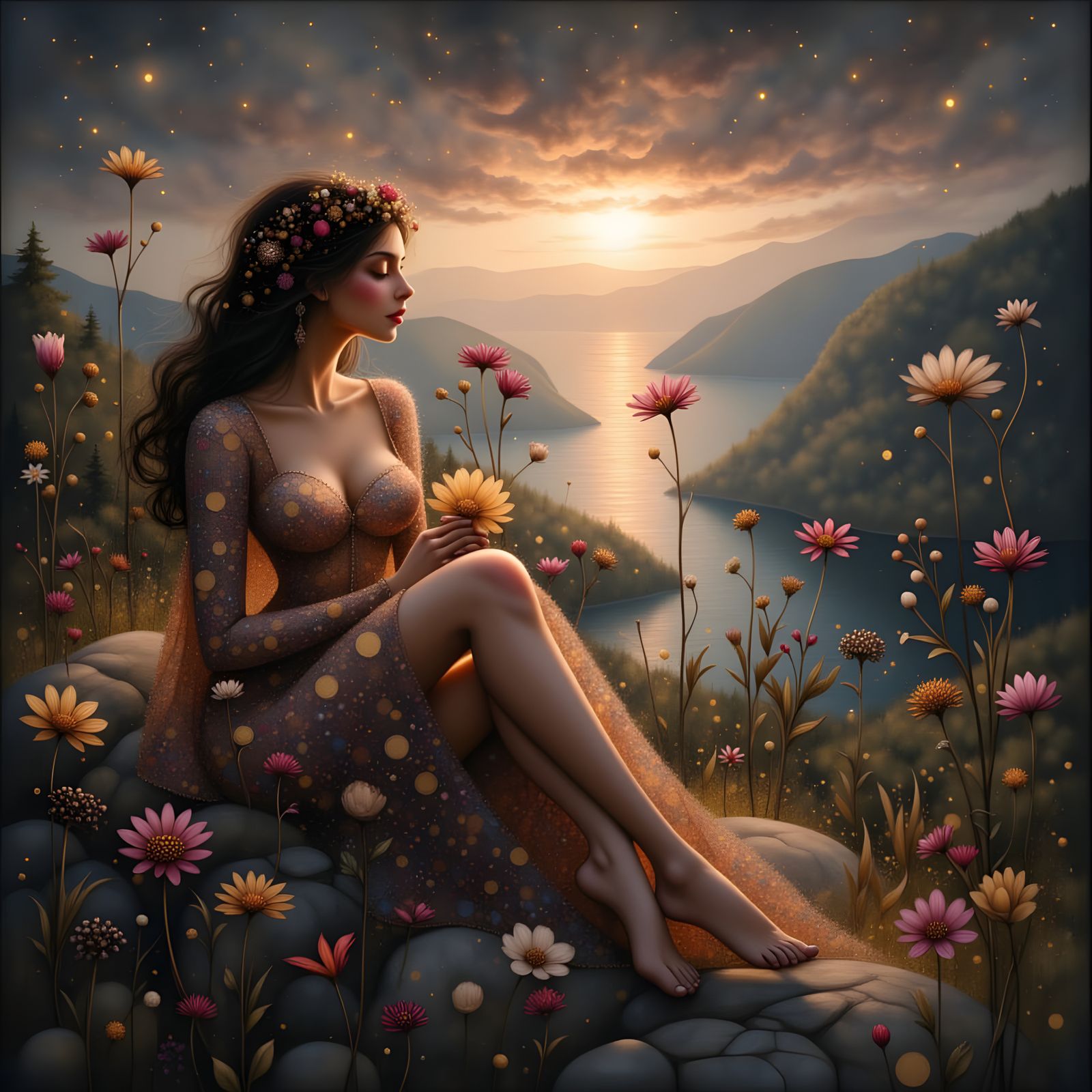 Ethereal Woman in Dreamlike Floral Landscape