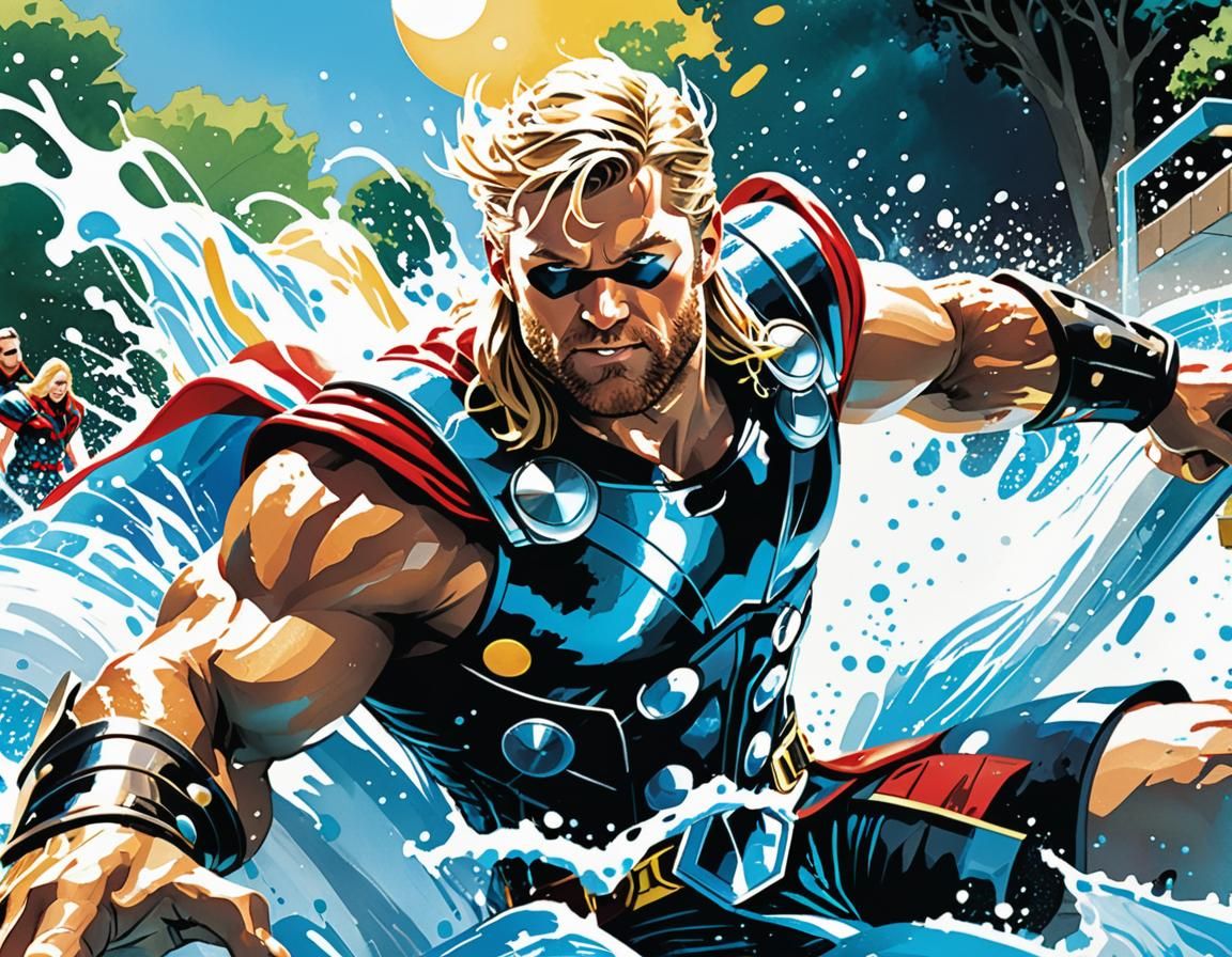 Thor on Waterslide in Marvel Comic Style