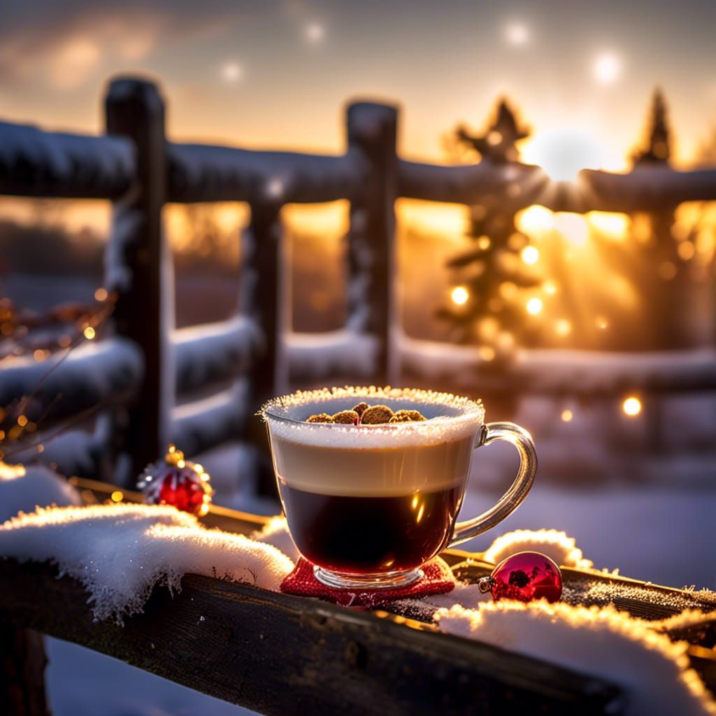 Festive Christmas Coffee on a Frosty Winter Fence