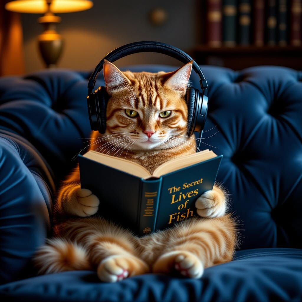 Ginger Cat Reads About Fish on Velvet Sofa
