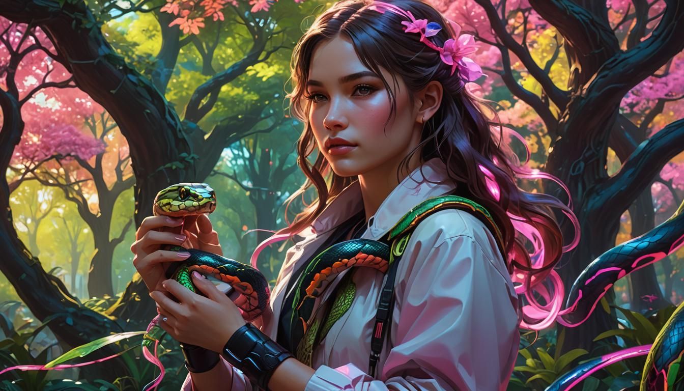 Neon Snake Pet Portrait in Park, Detailed Art