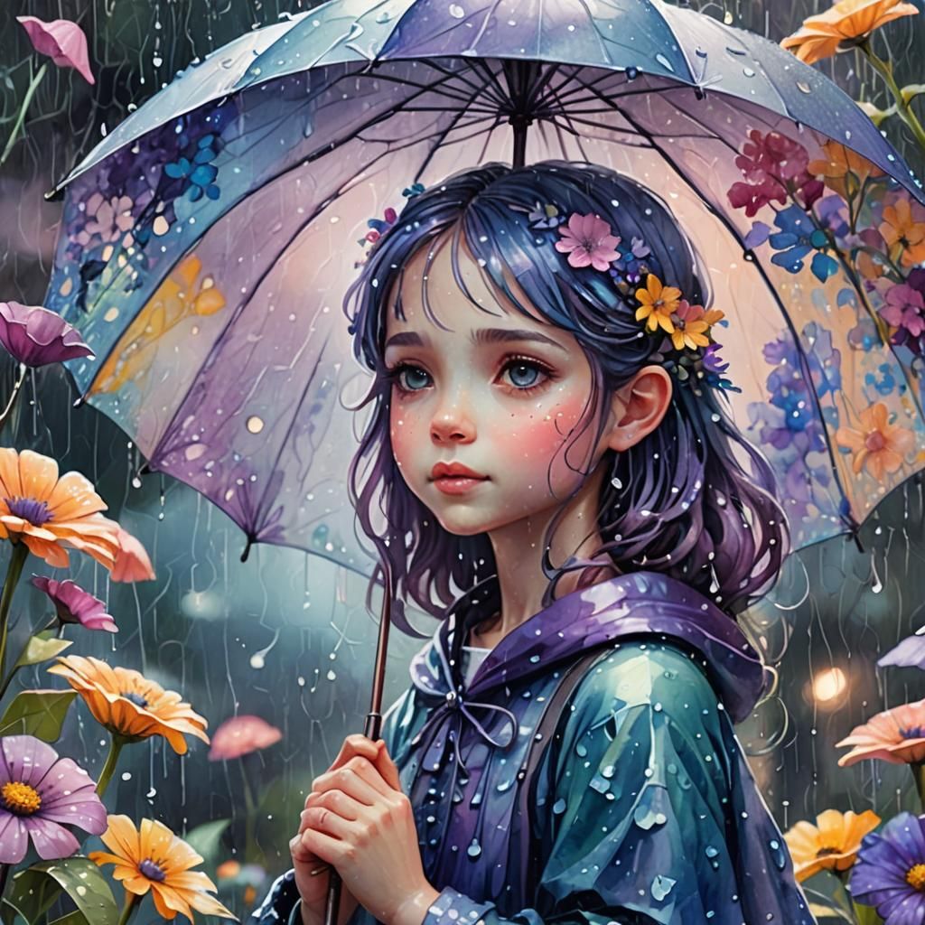 Fairy Girl with Umbrella in Watercolor-Inspired Art