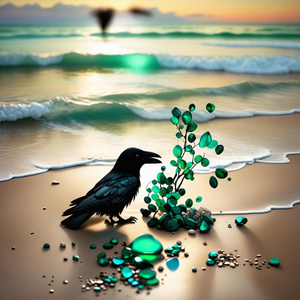 Giant Crow Seeks Emeralds on Sunset Beach