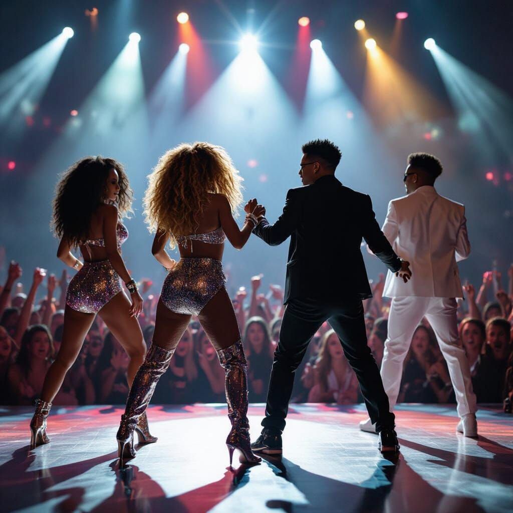 Famous Performers Dancing on Stage in Hyperrealistic Photo