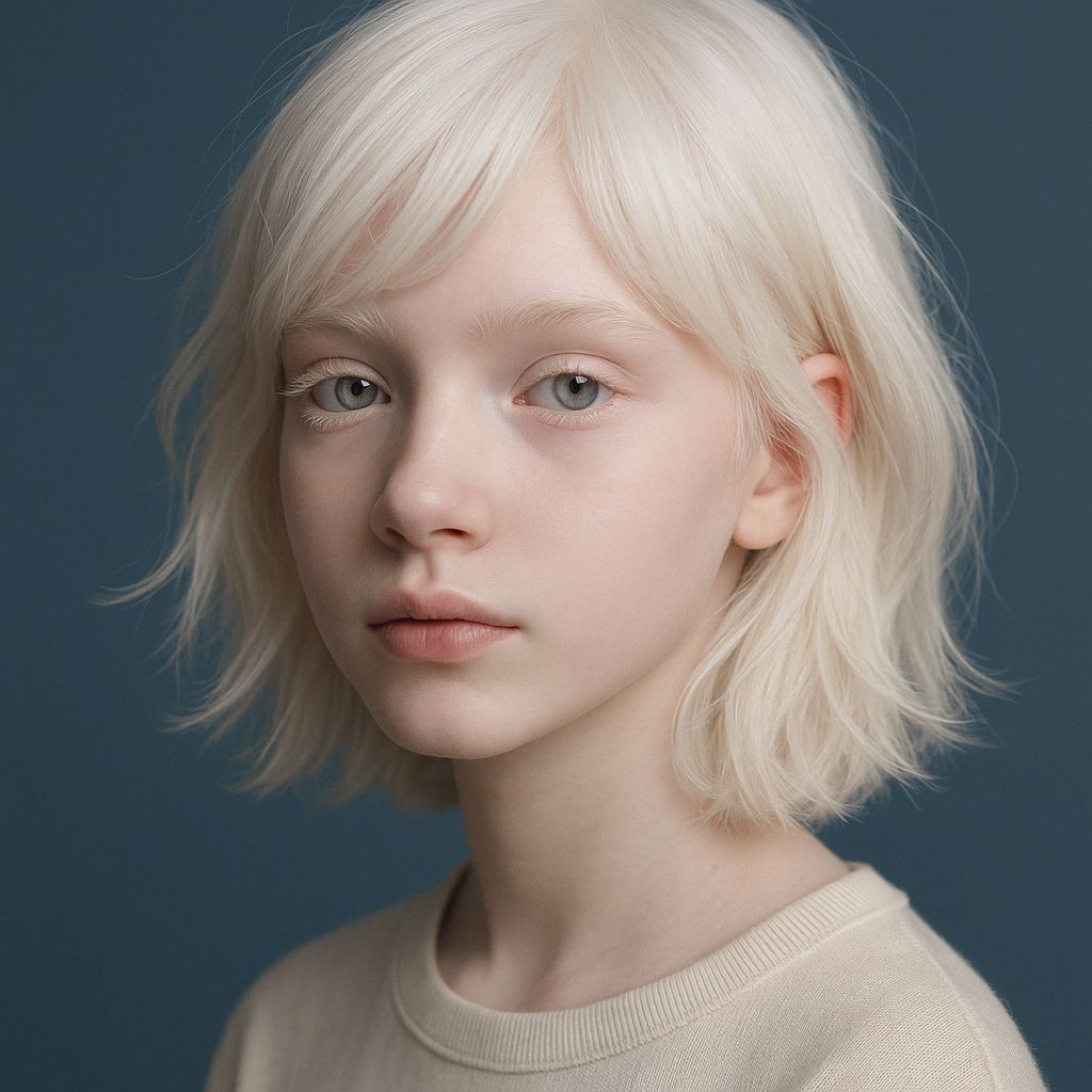 Albino Girl Portrait with Gray Eyes in Photorealistic Style