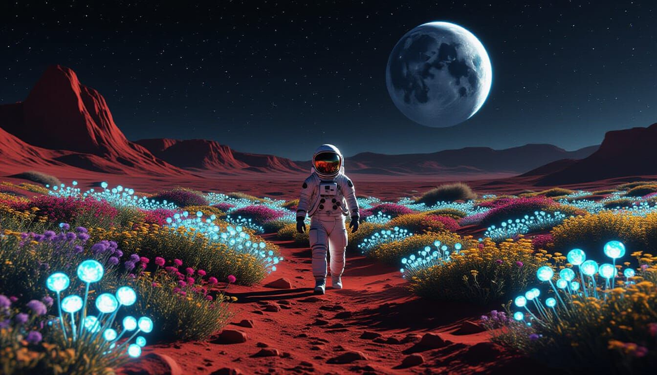Astronaut Explores Alien Garden on Red Planet