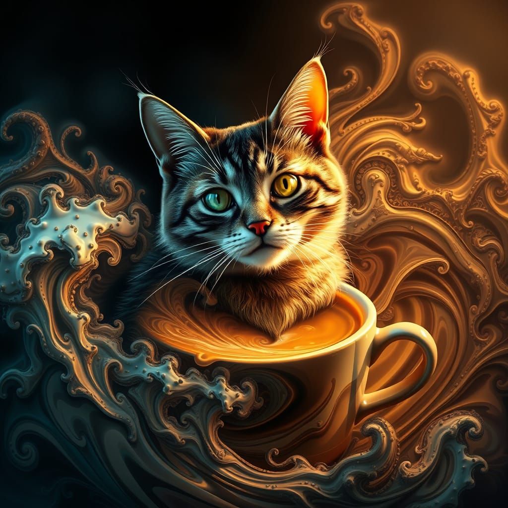 Coffee Cat with Fractal Waves in Digital Matte Painting