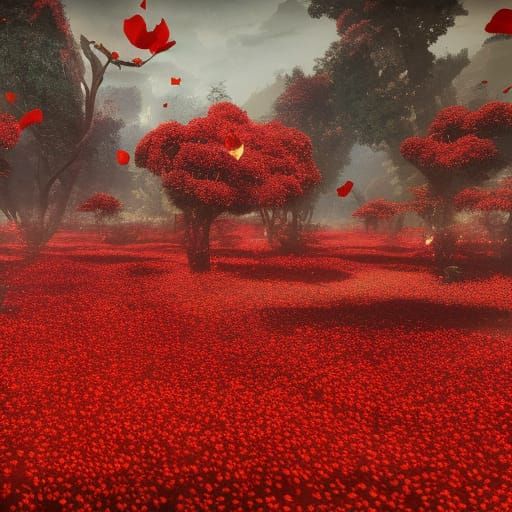 Fantastical Red Flower Field in Detailed Matte Painting