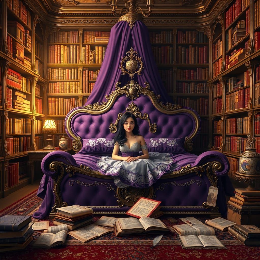 Fantasy Bedroom with Purple Bed, Digital Art