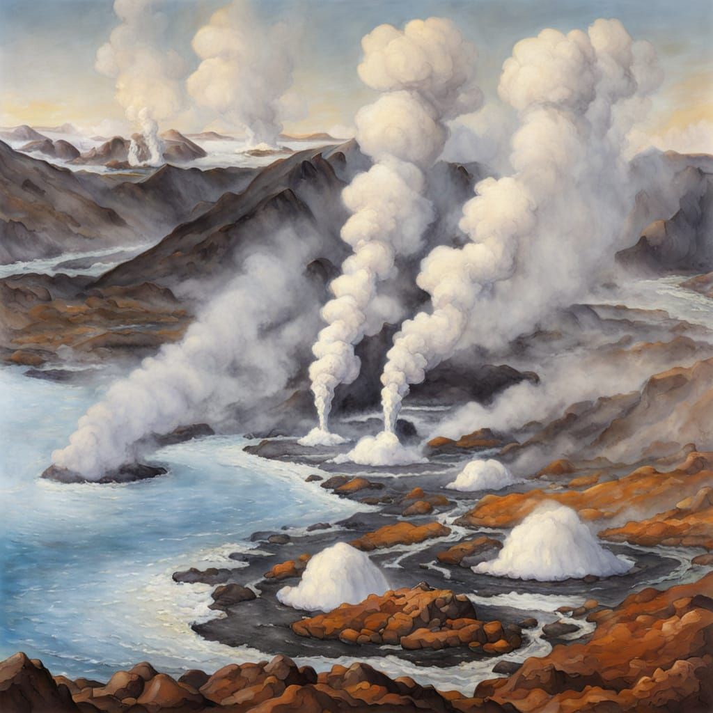 Painting of a geothermal area in Iceland