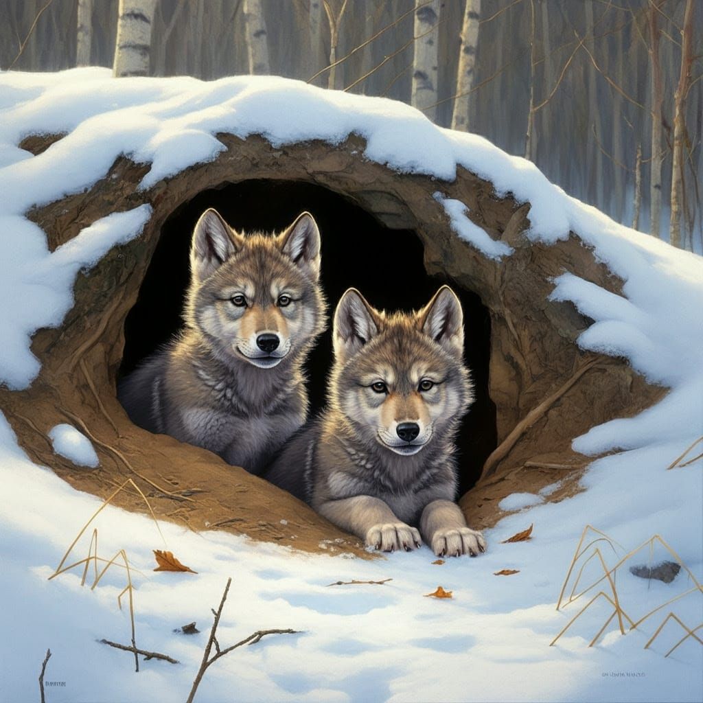 Wolf Pups in Winter Den (2)