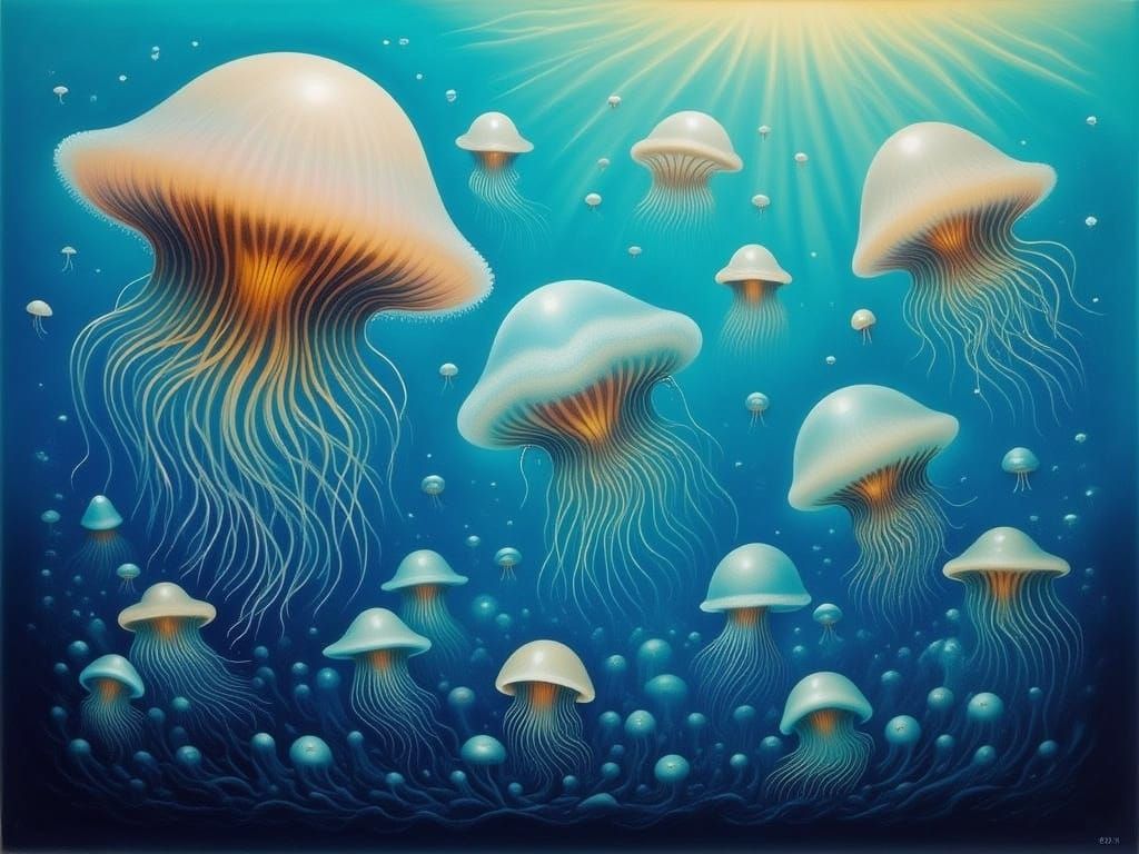 Abstract Jellyfish in Blue-Green Ocean