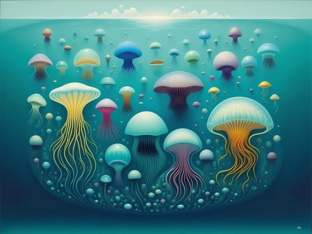 Abstract Jellyfish Swimming in a Blue-Green Ocean