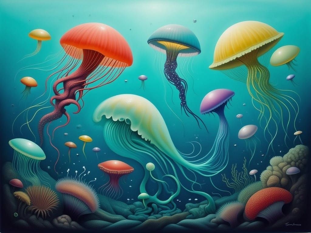 Abstract Jellyfish Swimming in a Blue-Green Ocean