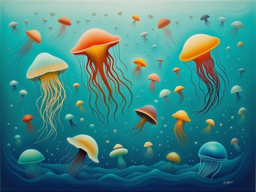 Abstract Jellyfish in Blue-Green Ocean: Digital Art