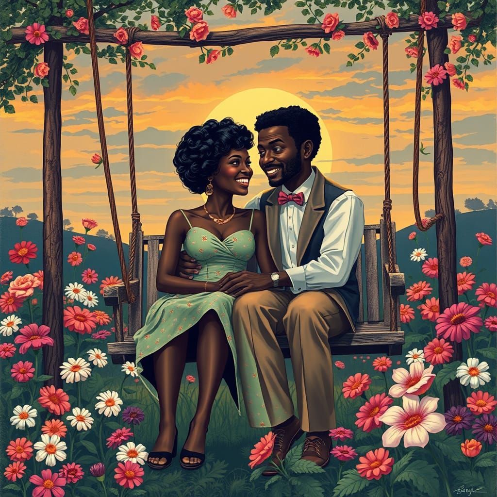 Vintage Black Couple on Swing, Retro Illustration