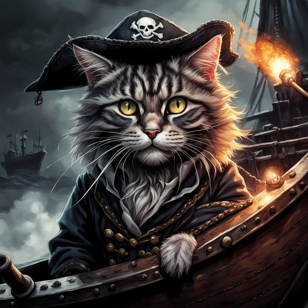 Fierce Pirate Cat Double Exposure Charcoal Drawing