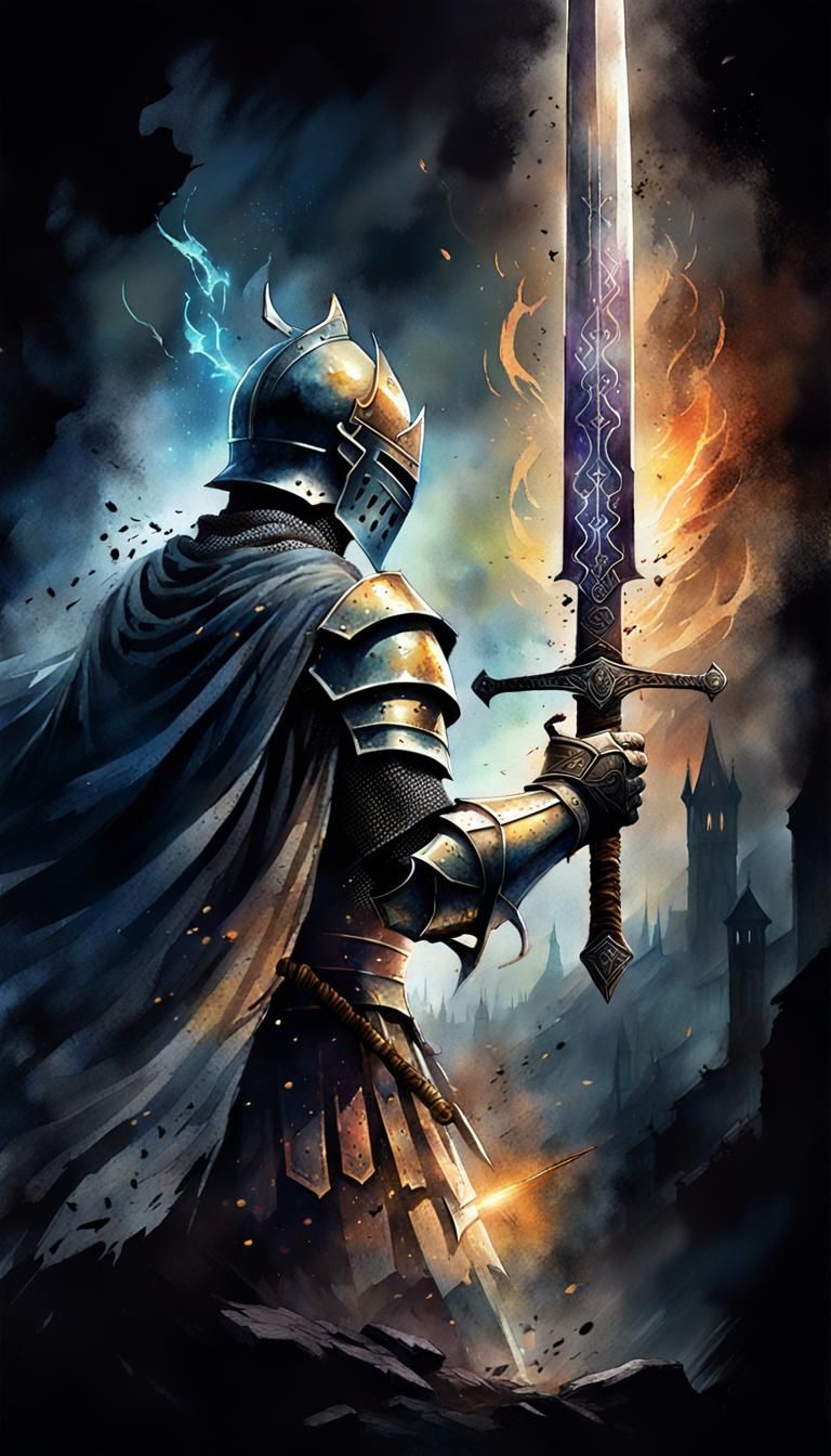 Mighty Knight with Magical Sword Watercolor Painting