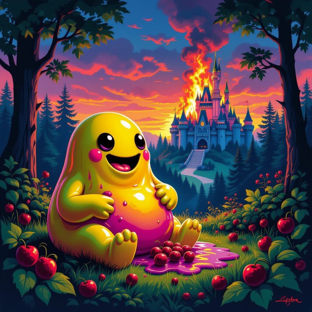 Happy Slime Creature Picks Berries Near Burning Castle