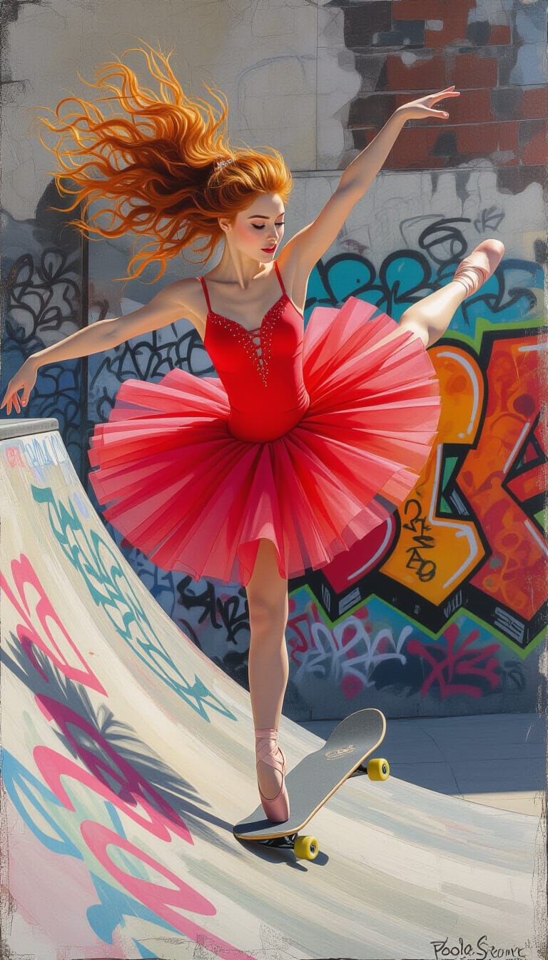 Ballerina's Dynamic Jeté in Urban Skatepark, Mixed Media