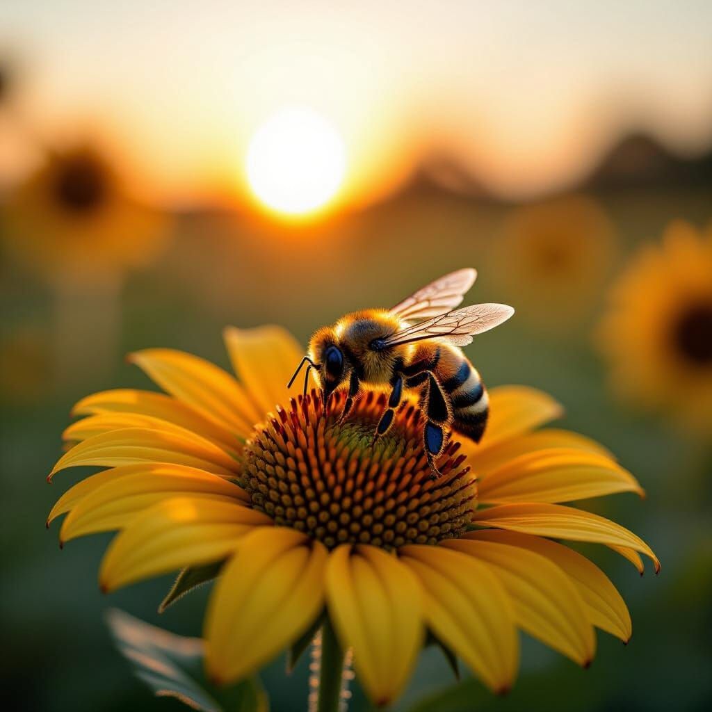 Weary Honey Bee Rests on Sunflower at Sunset