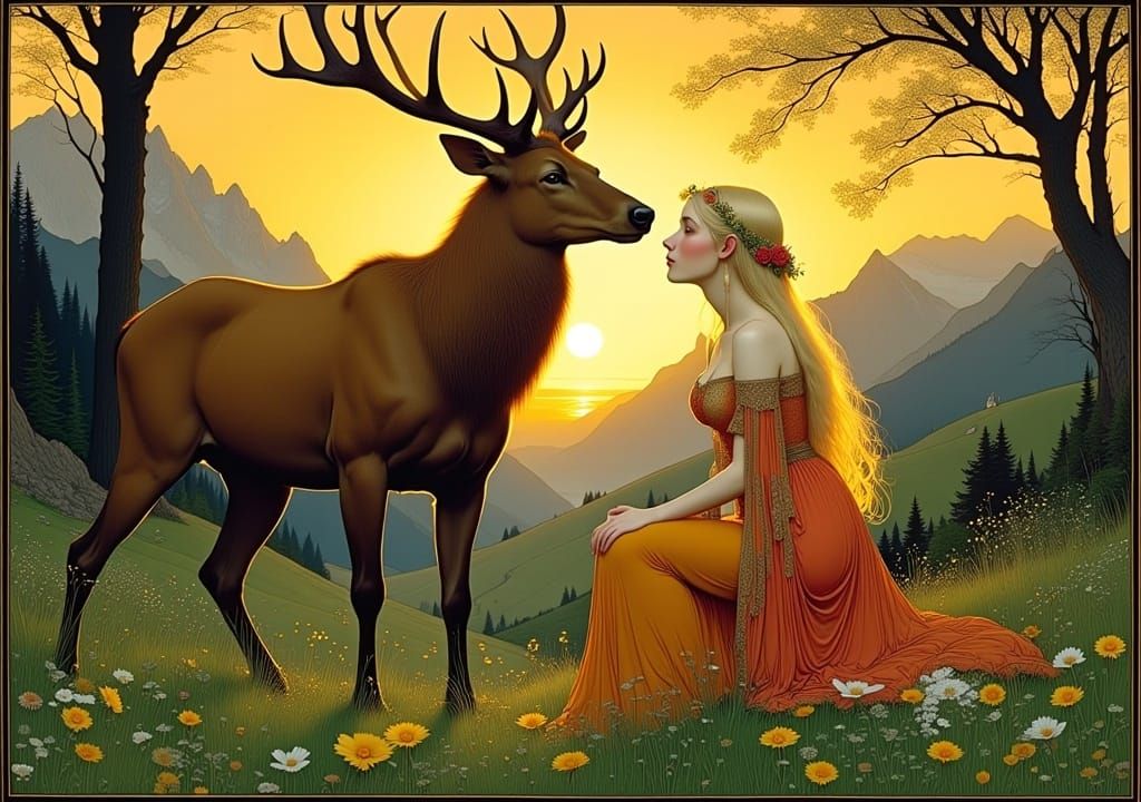 Woman with Stag Antlers in Alpine Meadow