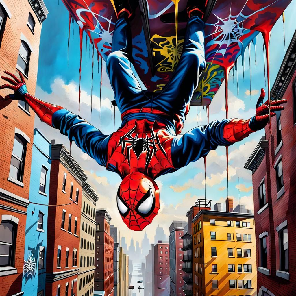 Spiderman hanging upside down in a cityscape, fractals, spid...