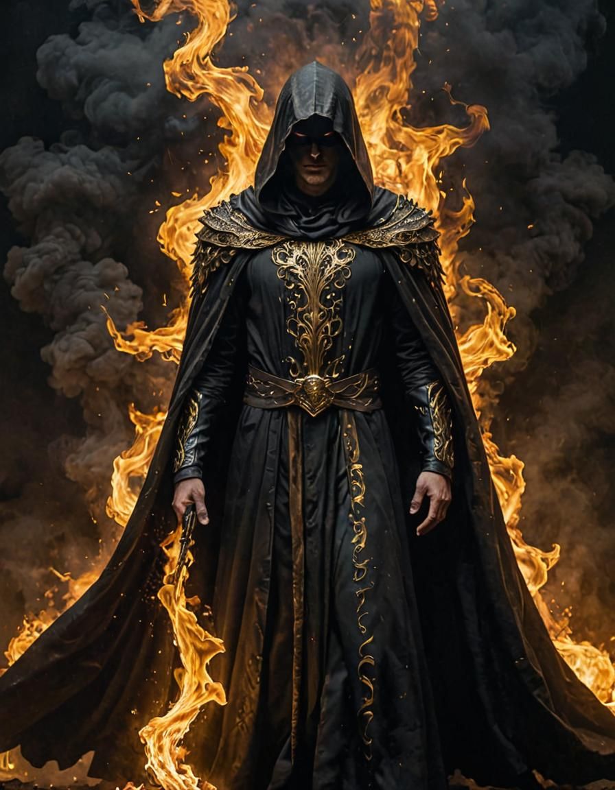 Mysterious Figure in Black and Gold Mist