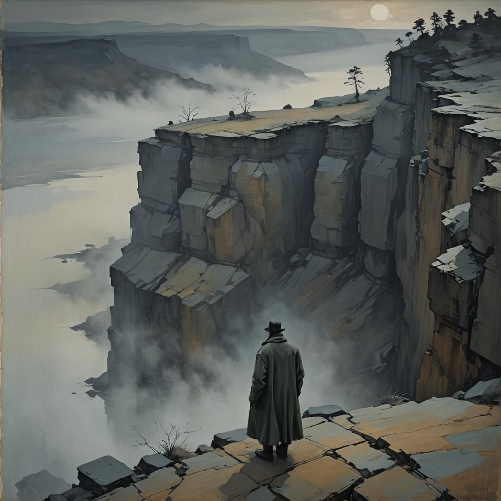 Desolate Cliffside Figure in Abstract Expressionist Style