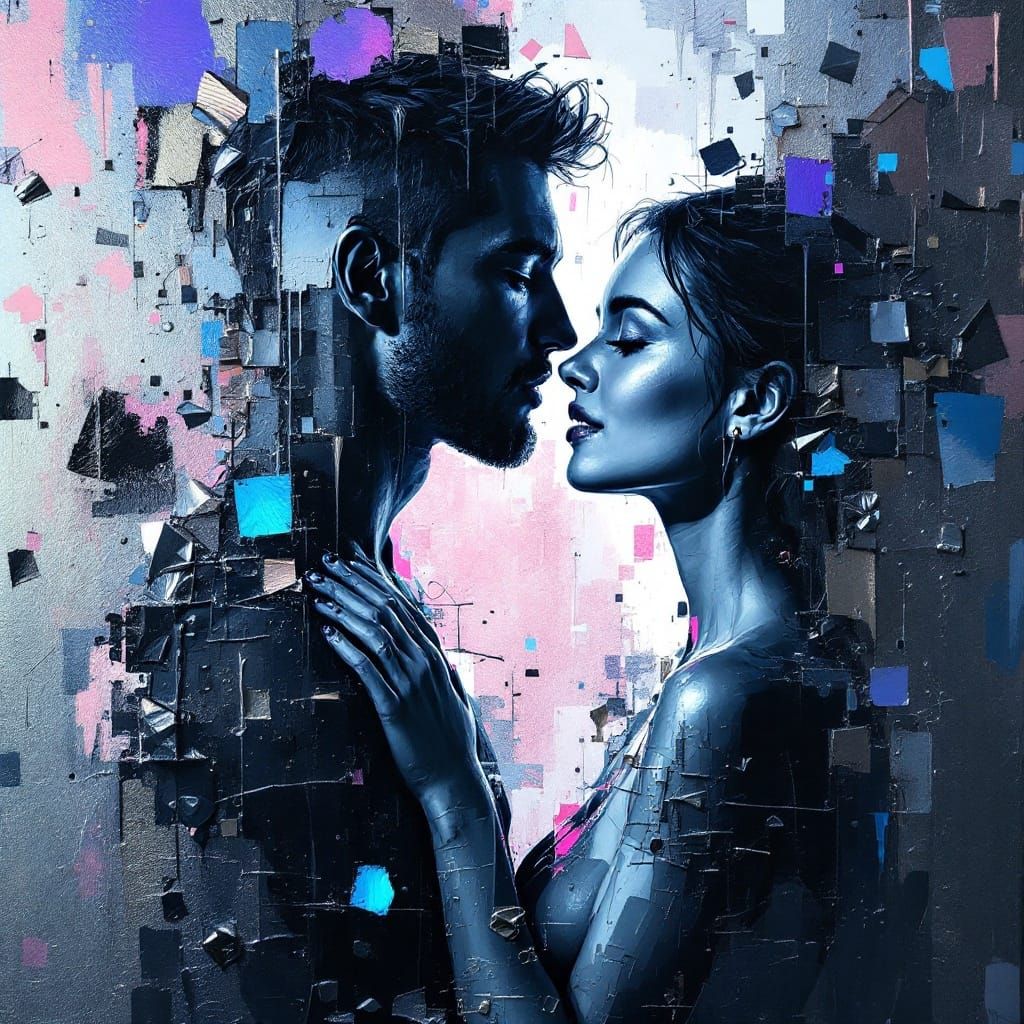 Lovers Embracing in Vibrant, Textured Abstraction