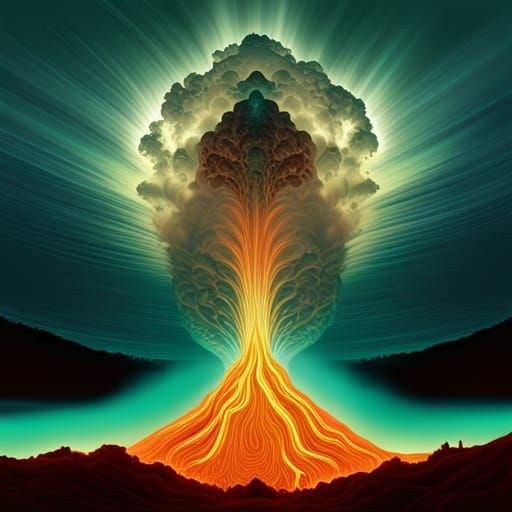 Volcano Eruption in Burning Forest: Art Deco Ukiyo-e