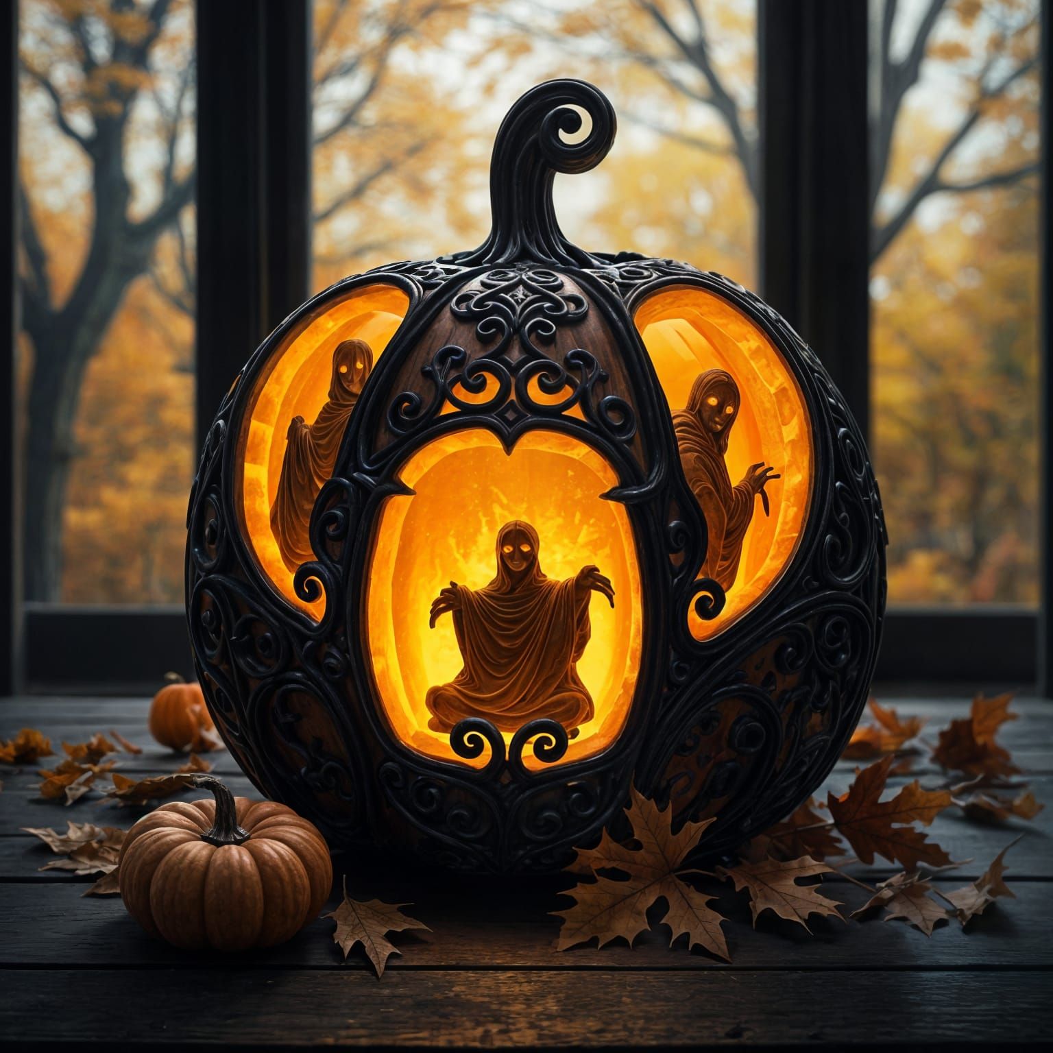 Glowing Pumpkin with Ghost Silhouettes in Autumn Window