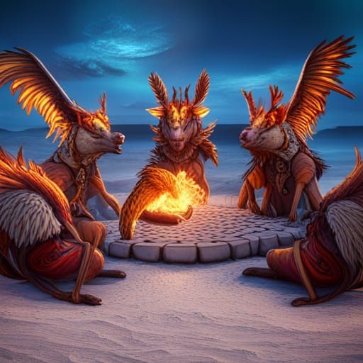 Beach Bonfire Animal Circle Dance: Fantasy Concept Art