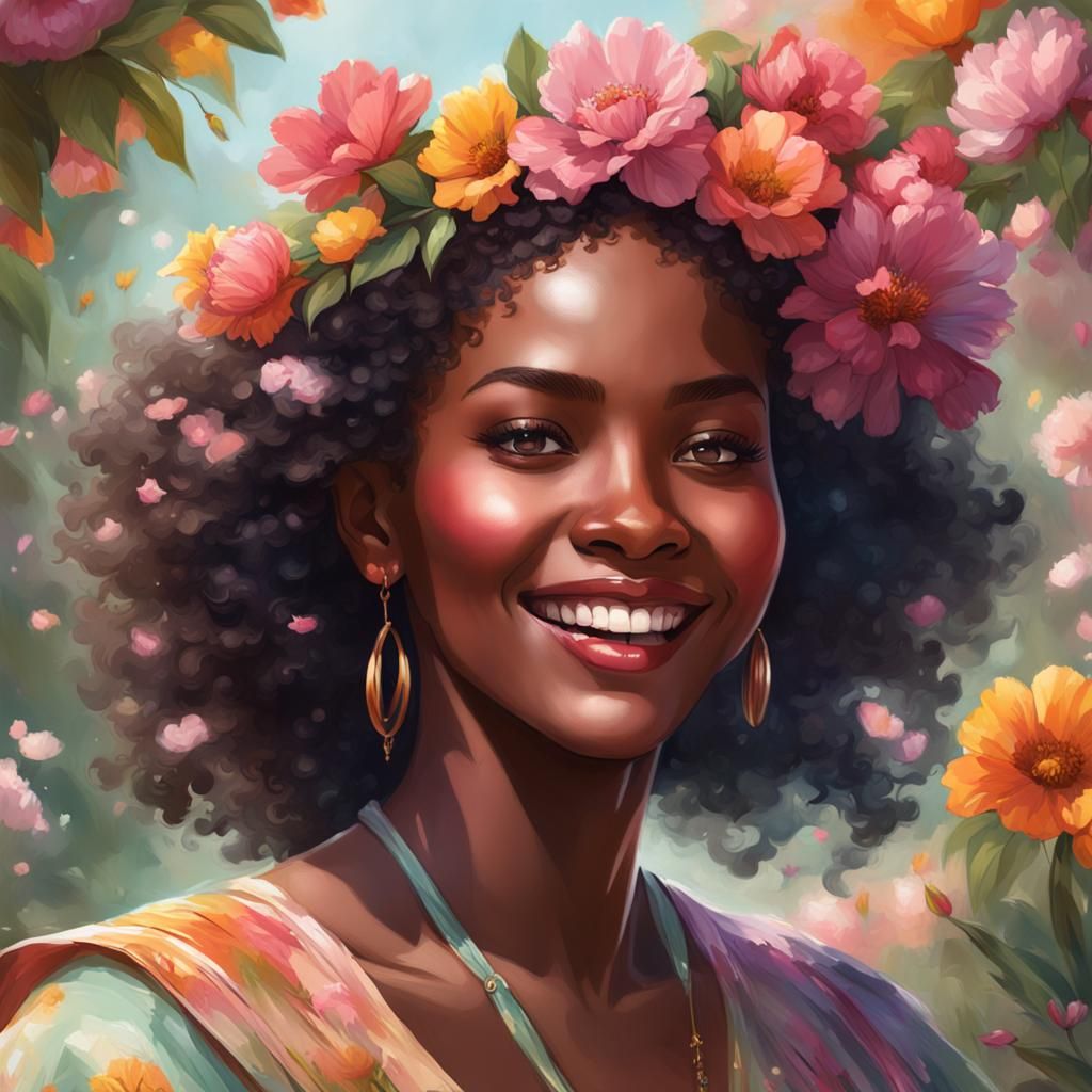 African American Woman Portrait with Spring Flowers