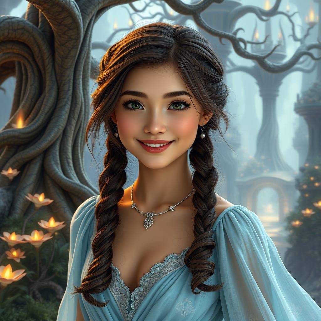 Mystical Young Woman in Whimsical Fantasy Landscape