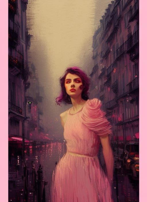 Parisian Girl in Rain, Impressionistic Digital Painting