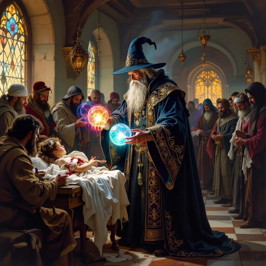 Wizard Healer Using Magic in Rembrandt Style Oil Painting