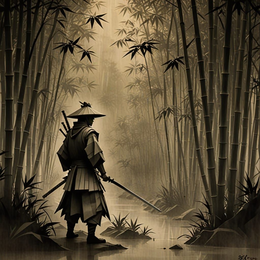 Samurai Warrior in Misty Bamboo Forest, Origami Art Style